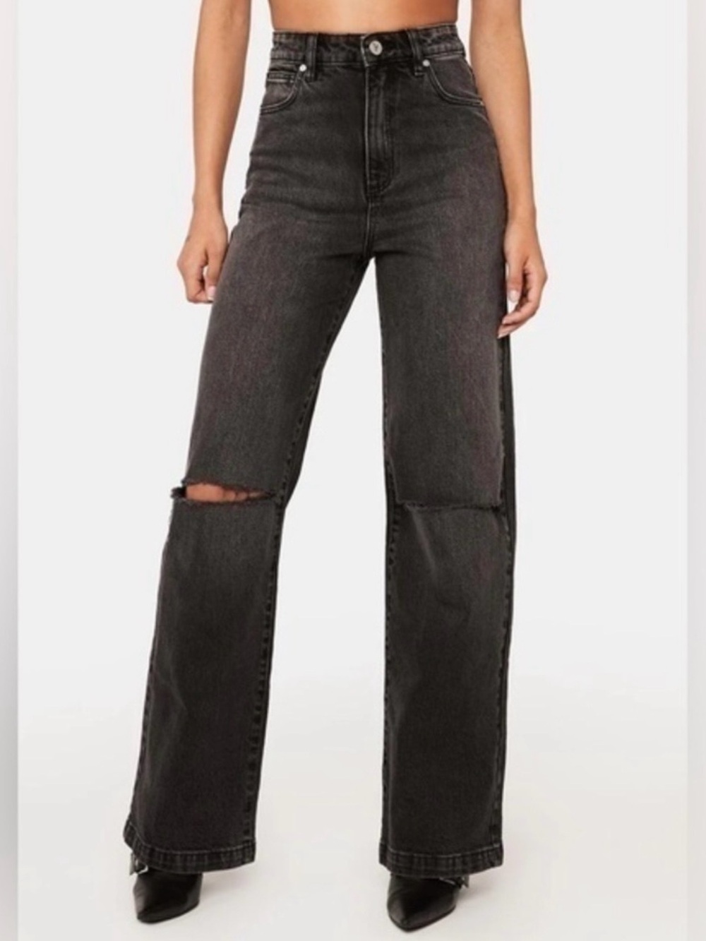 Abrand High-Rise Wide-Leg Ripped Jeans - Black
